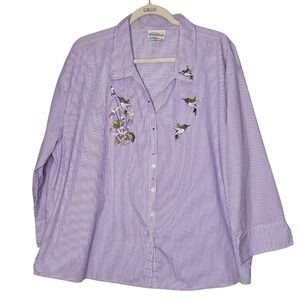 Las Olas 2X Purple Striped Embroidered Hummingbird Button‎ Down Shirt Blouse